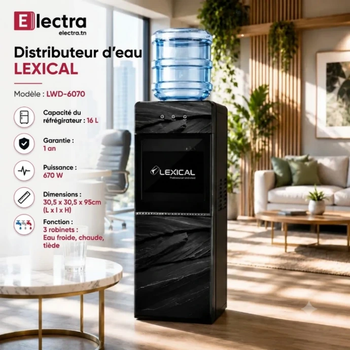 Distributeur d'Eau Avec Réfrigérateur Lexical LWD-6070 - Marbre Noir