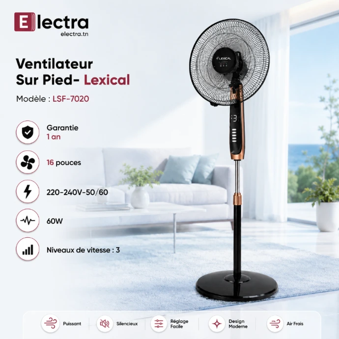 Ventilateur sur pied Lexical 16 pouces avec télécommande et écran LED couleur Rose Gold pour rafraîchissement domestique