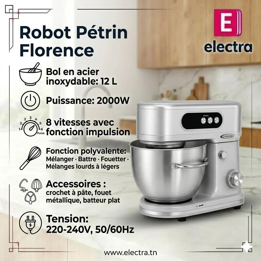 Robot Pétrin Florence 12L - 2000W - Argent-electra.webp