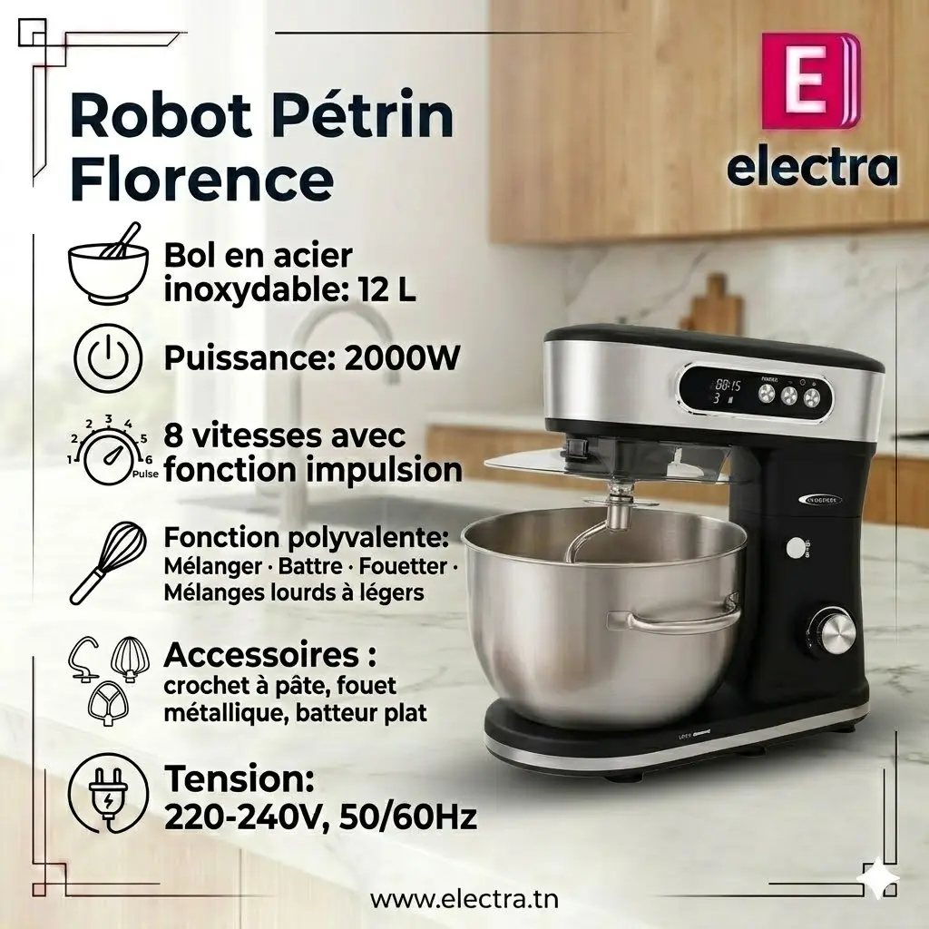 Robot Pétrin Florence 12L - 2000W - Noir-electra.webp