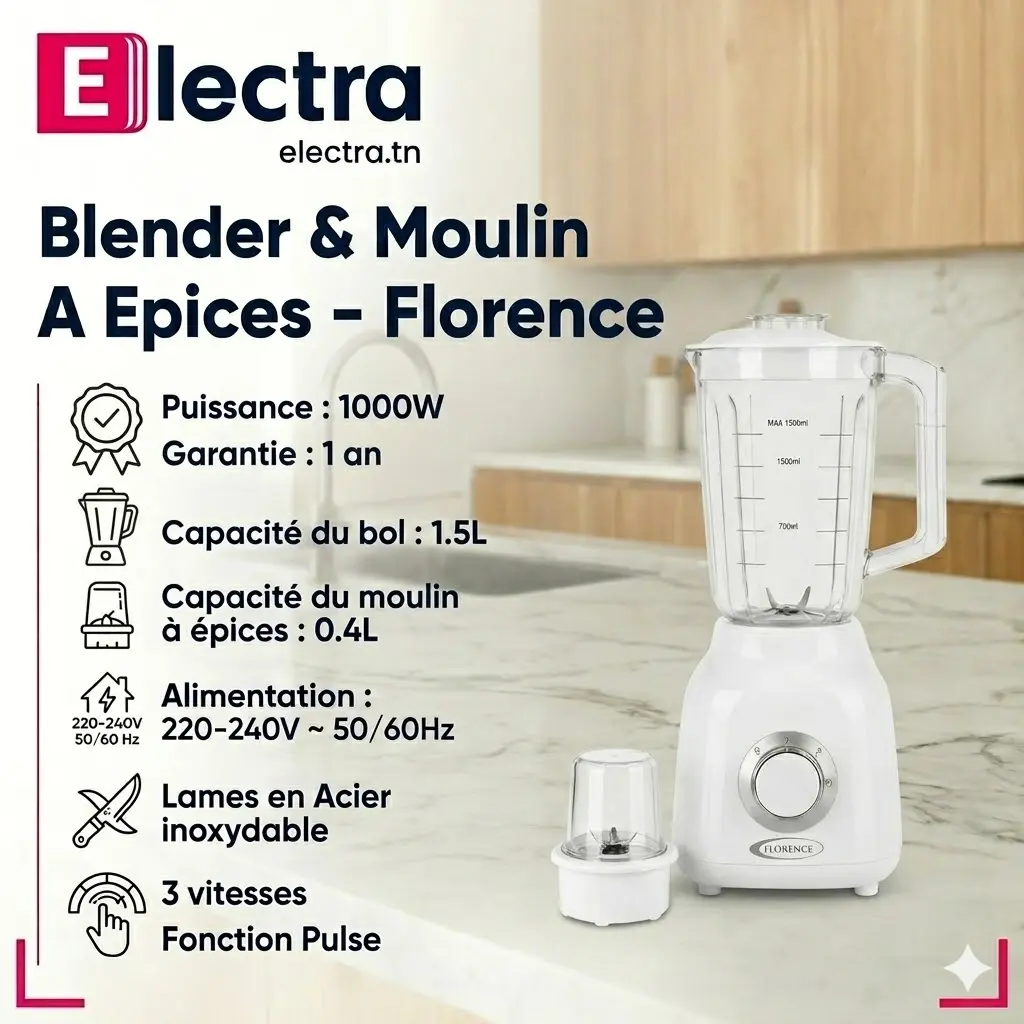 Blender & Moulin A Epices -Florence 1,5L - 1000W- Blanc-electra (2).webp