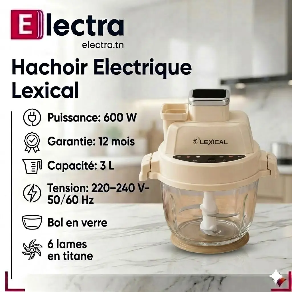 Hachoir Multifonction Lexical- 600W 3L - Beige (2).webp