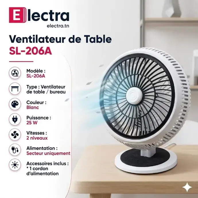 Ventilateur de Table SL-206A 25W Blanc electra.webp