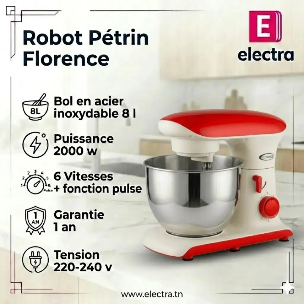 Robot Pétrin Florence 8L - 2000W - Rouge.webp