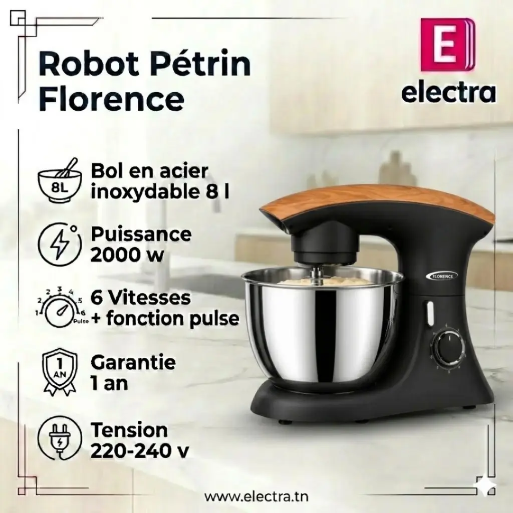 Robot Pétrin Florence  8L - 2000W - Noir.webp