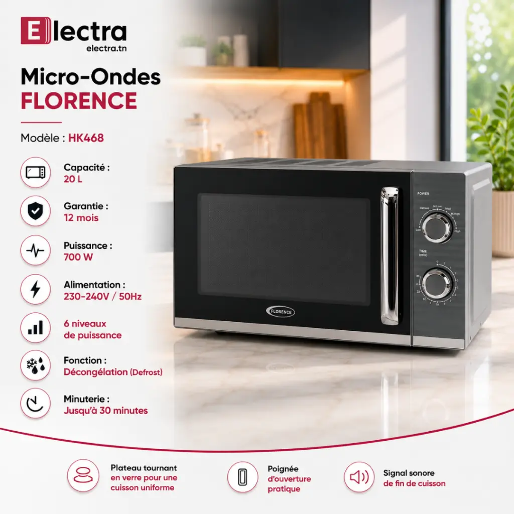 Micro-Ondes Florence HK468 700W 20L- Gris (3).webp