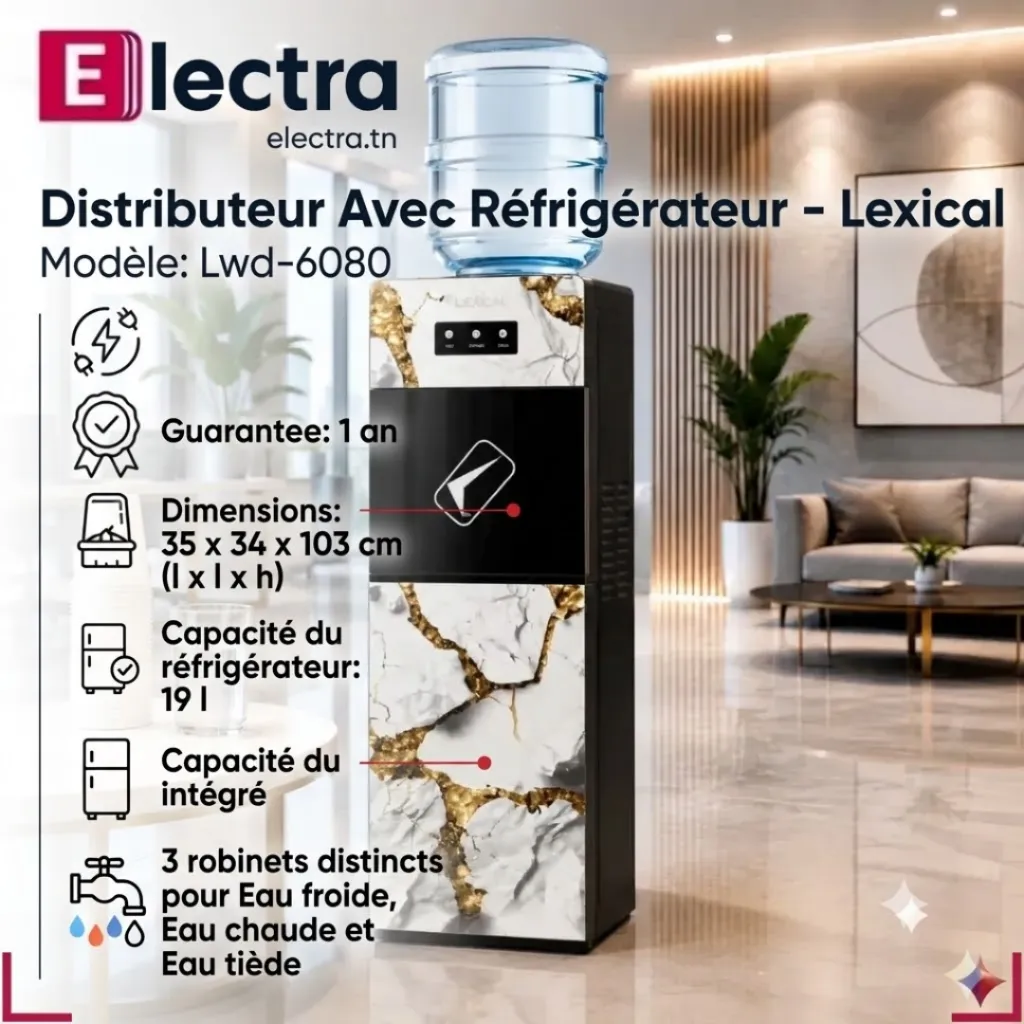 Distributeur d'Eau Lexical Avec Réfrigérateur -670 W- LWD-6080- Marbre Blanc.webp