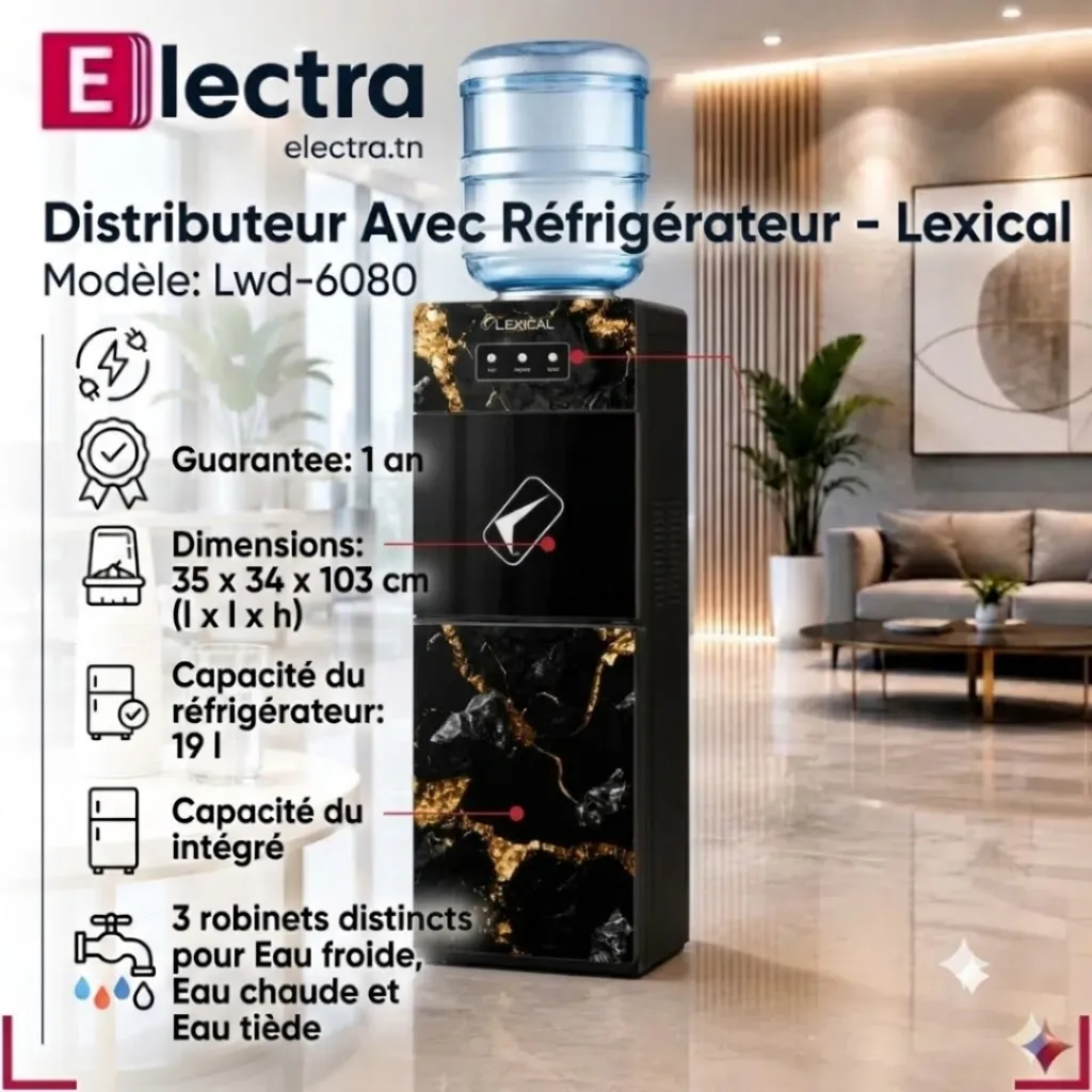 Distributeur d'Eau Lexical Avec Réfrigérateur -670 W- LWD-6080- Gris.webp