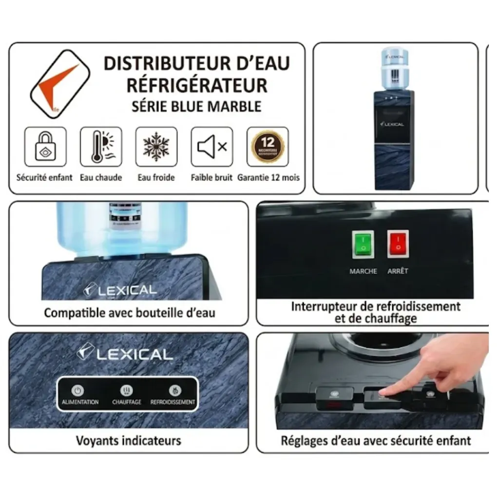 Distributeur d'Eau Avec Réfrigérateur Lexical LWD-6070 - Marbre Noir (2).webp