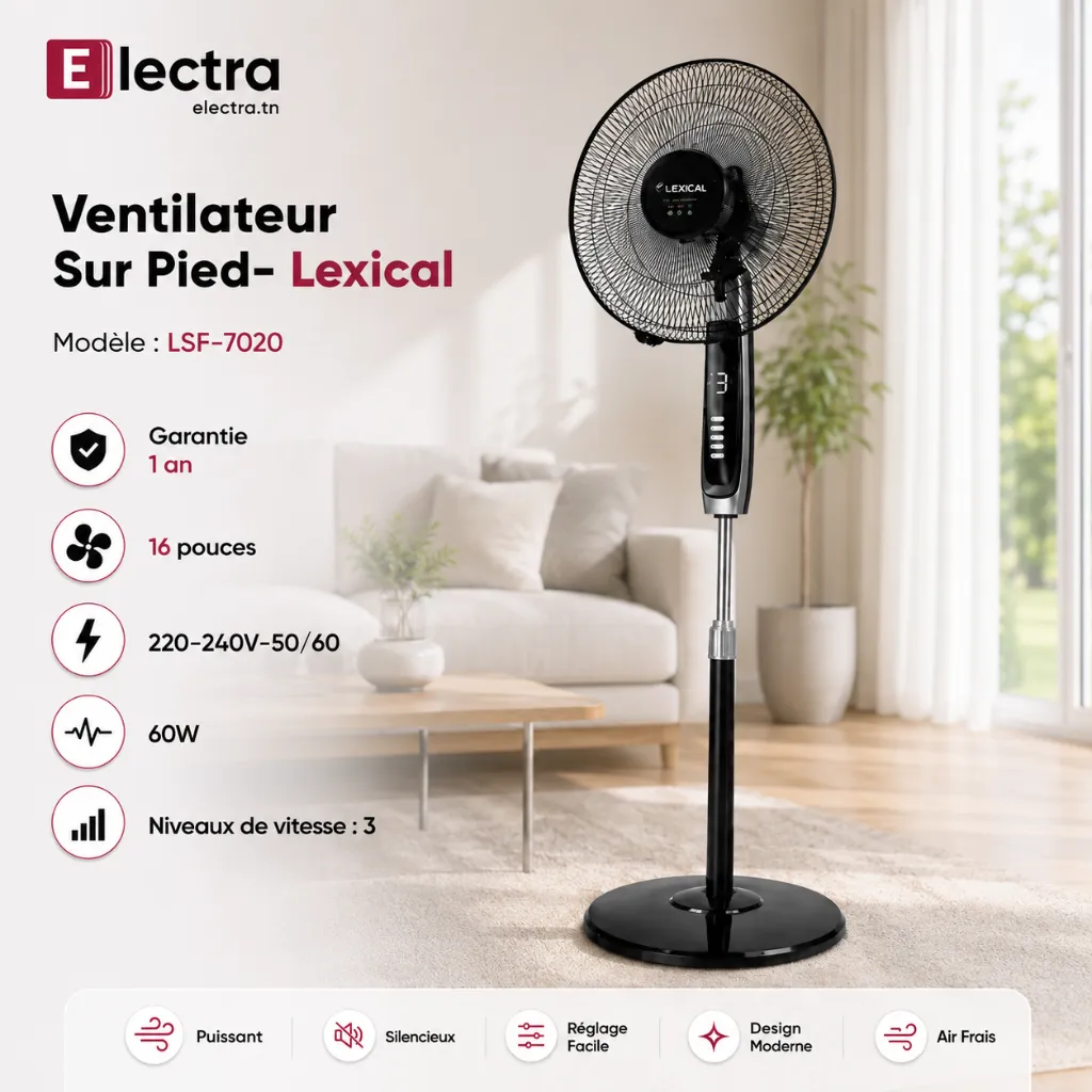 Ventilateur sur Pied Lexical 16 Avec Télécommande 60W Argent.webp