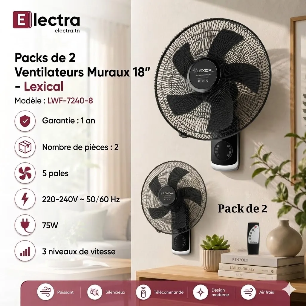 Packs de 2 Ventilateurs Muraux 18 Lexical 75W Noir Avec Telecommande.webp