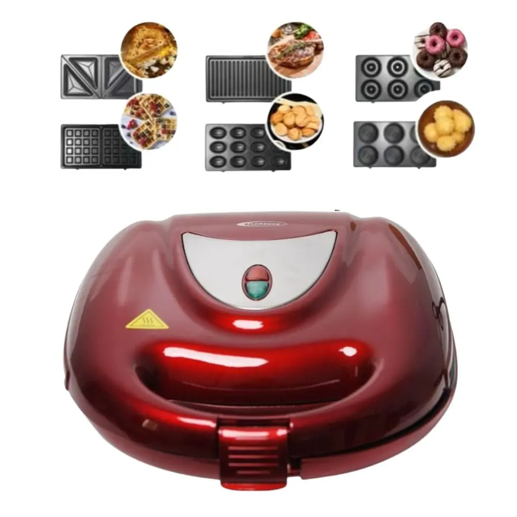 [HK411R] Appareil De Cuisson 6en1 Florence 1500W Zouza , Panini , Gauffre , Donut , Maamoul - Rouge