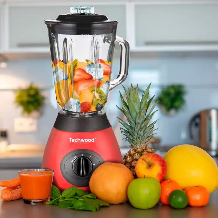 Blender Techwood Inox Grenat Bol Verre 1,5L, 2 Vitesses + Impulsions, 6 Lames Inox – TBLI-385