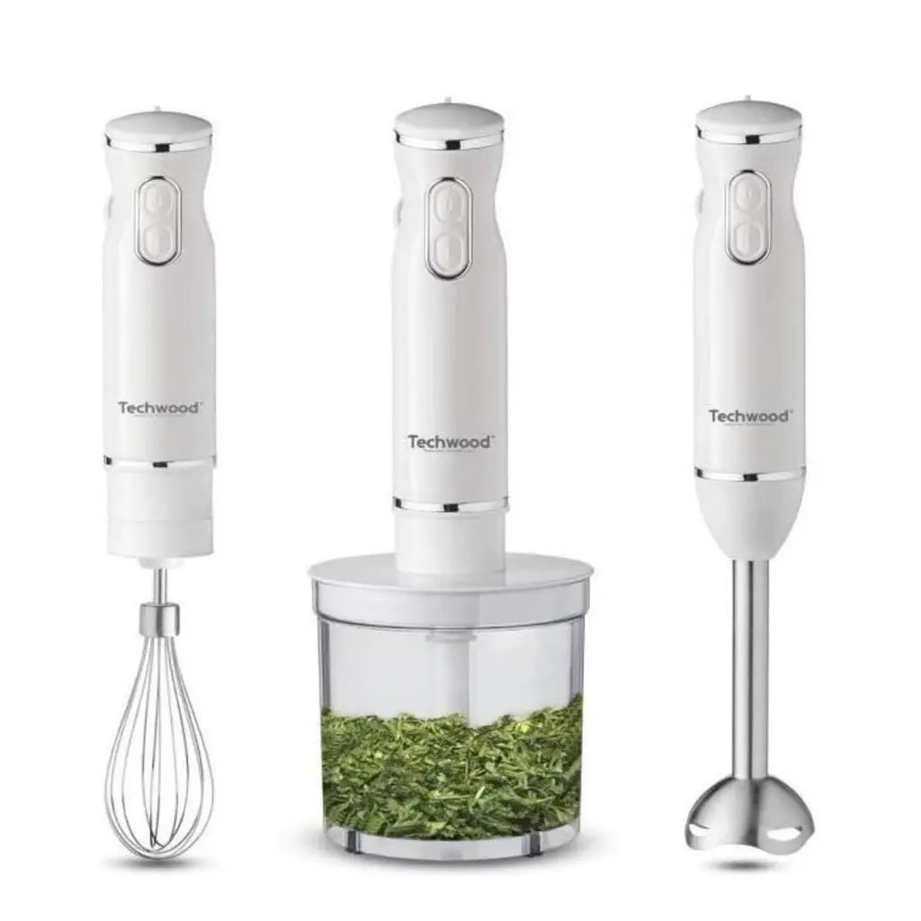 Mixeur Plongeant Techwood Blanc 3en1 Pieds Inox, Bol Hachoir 500ml & 2 Vitesses – TMS-9600