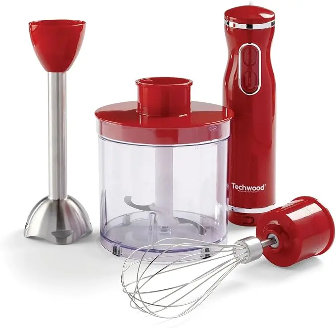 [TWPO60106] Mixeur Plongeant Techwood Inox Grenat 3en1 Pieds Inox, Bol Hachoir 500ml & 2 Vitesses – TMS-9605