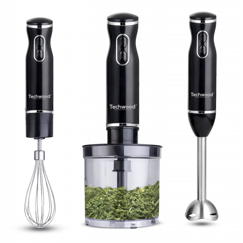 Mixeur Plongeant Techwood Inox Noir 3en1 Pieds Inox, Bol Hachoir 500ml & 2 Vitesses – TMS-9666