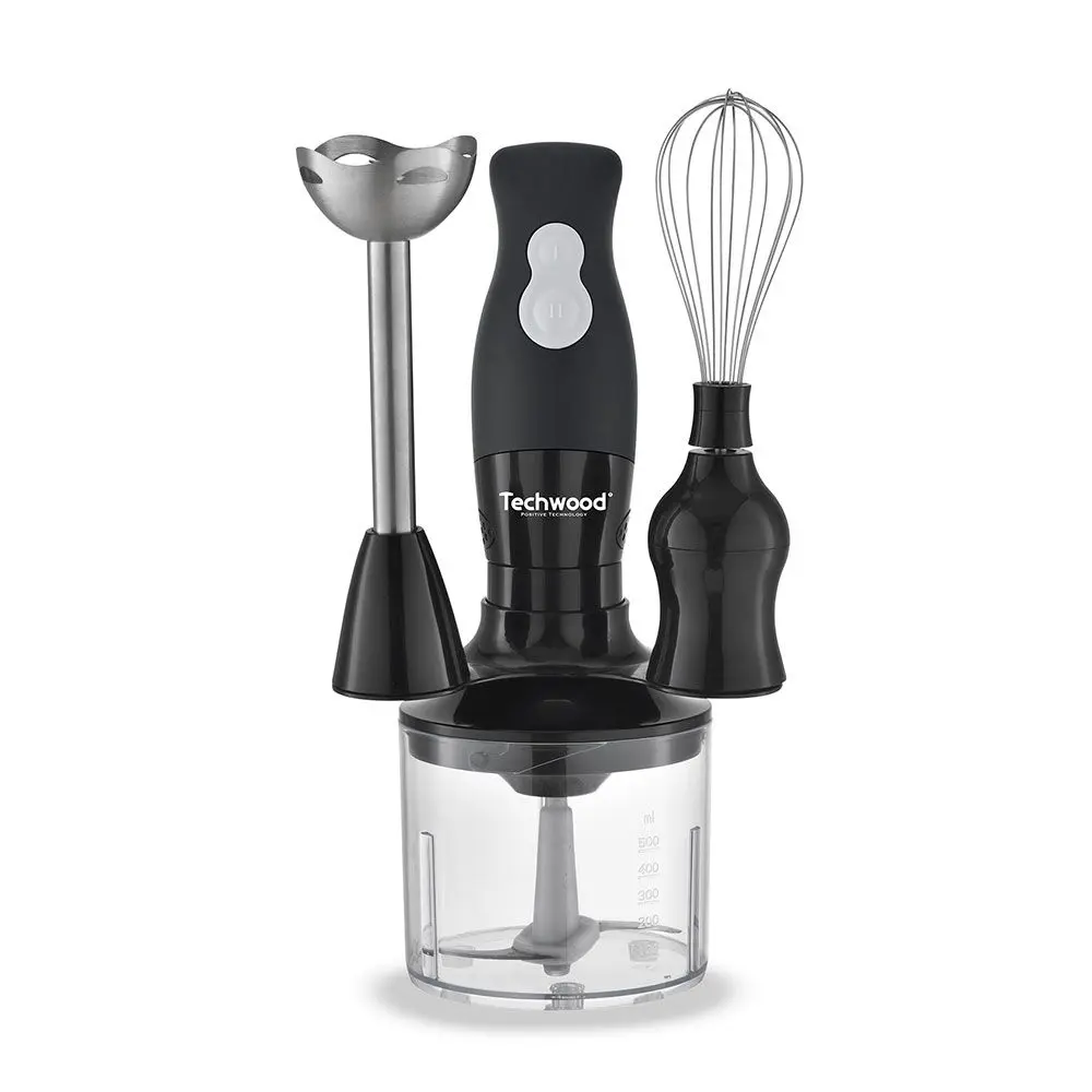 Mixeur Plongeant Techwood Noir 3en1 Pied Inox, Bol Hachoir 500ml & 2 Vitesses – TMS-8356