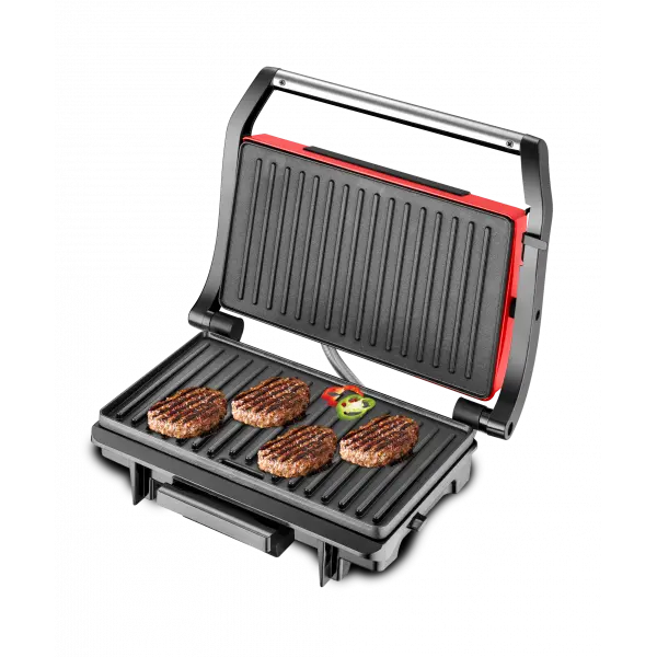 [TWTH60084] Panini Grill Techwood Inox Rouge 1500W, Contrôle Température & Cuisson Double Face – TGD-015